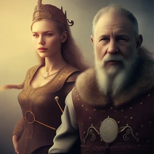 Viking theme, a younger woman sitting next to a 50-year-old man, portrait, 8K, close-up face, anatomically perfect face, Highly detailed stunning full frame portrait, misty and cloudy atmosphere