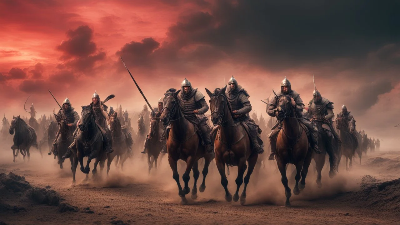 Hyper Realistic Photographic-view of a prehistoric-war-sequence with soldiers-wearing-armors-&-prehistoric-weapons riding on horses & fighting with dusty-environment with red-cloudy-sky showing dramatic & cinematic ambiance