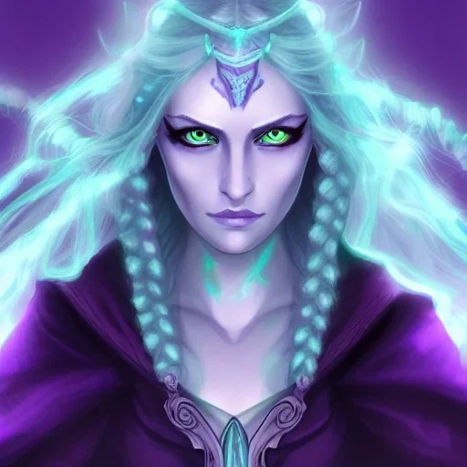 Female dungeons and dragons character, aasimar, eldritch warlock, spy, flowing white hair, glowing green eyes, mysterious facial expression, close-up, violet magical energy, archfey patron