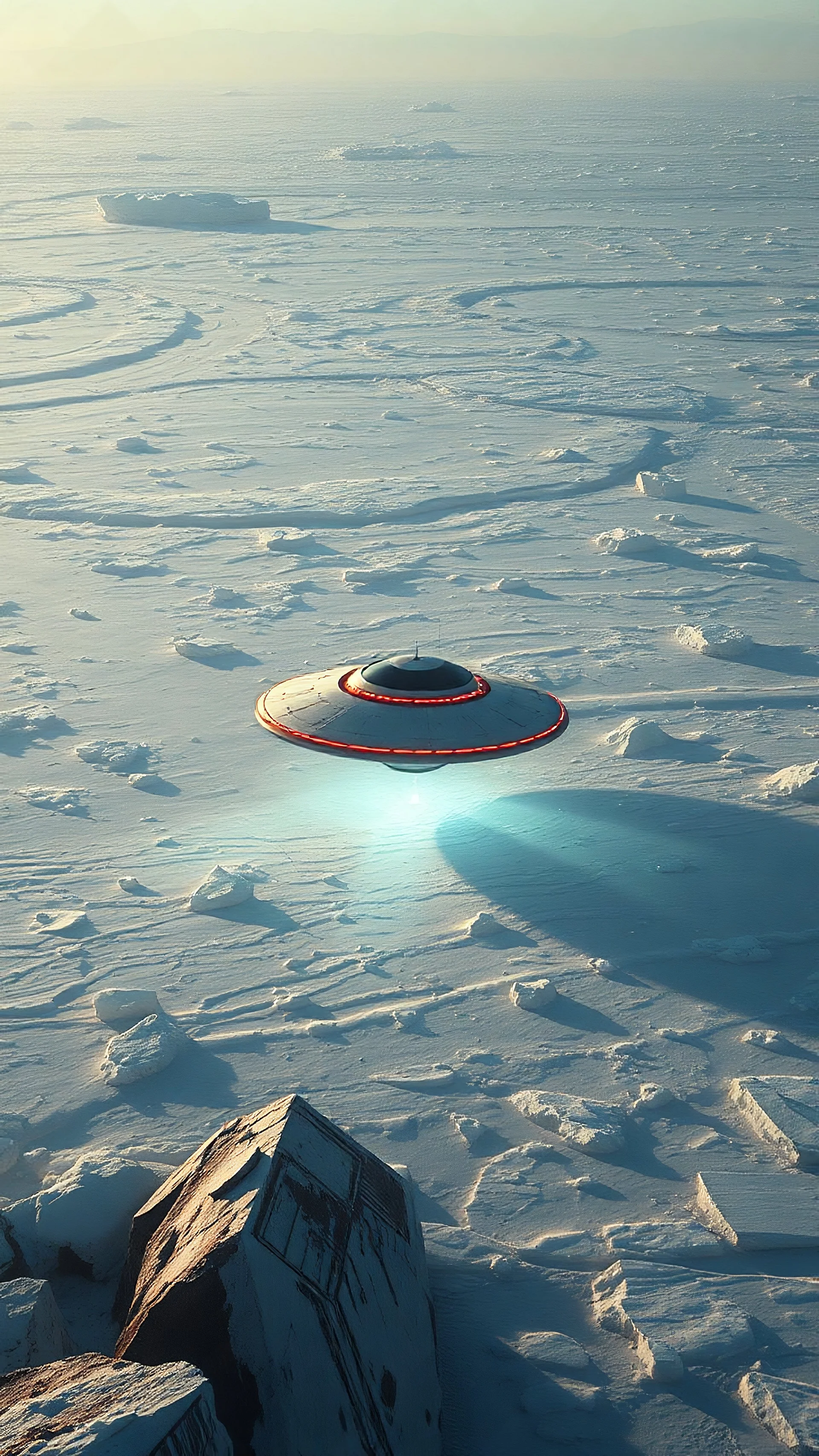 A ufo starship crashed in an aerial view of a landscape made of ice that looks futuristic with futuristic lighting, horizon, realistic rendering