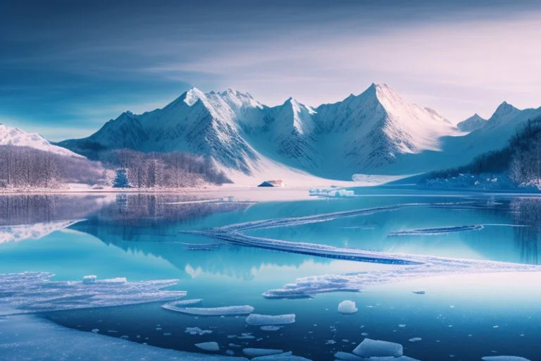 City, mountains, frozen lake