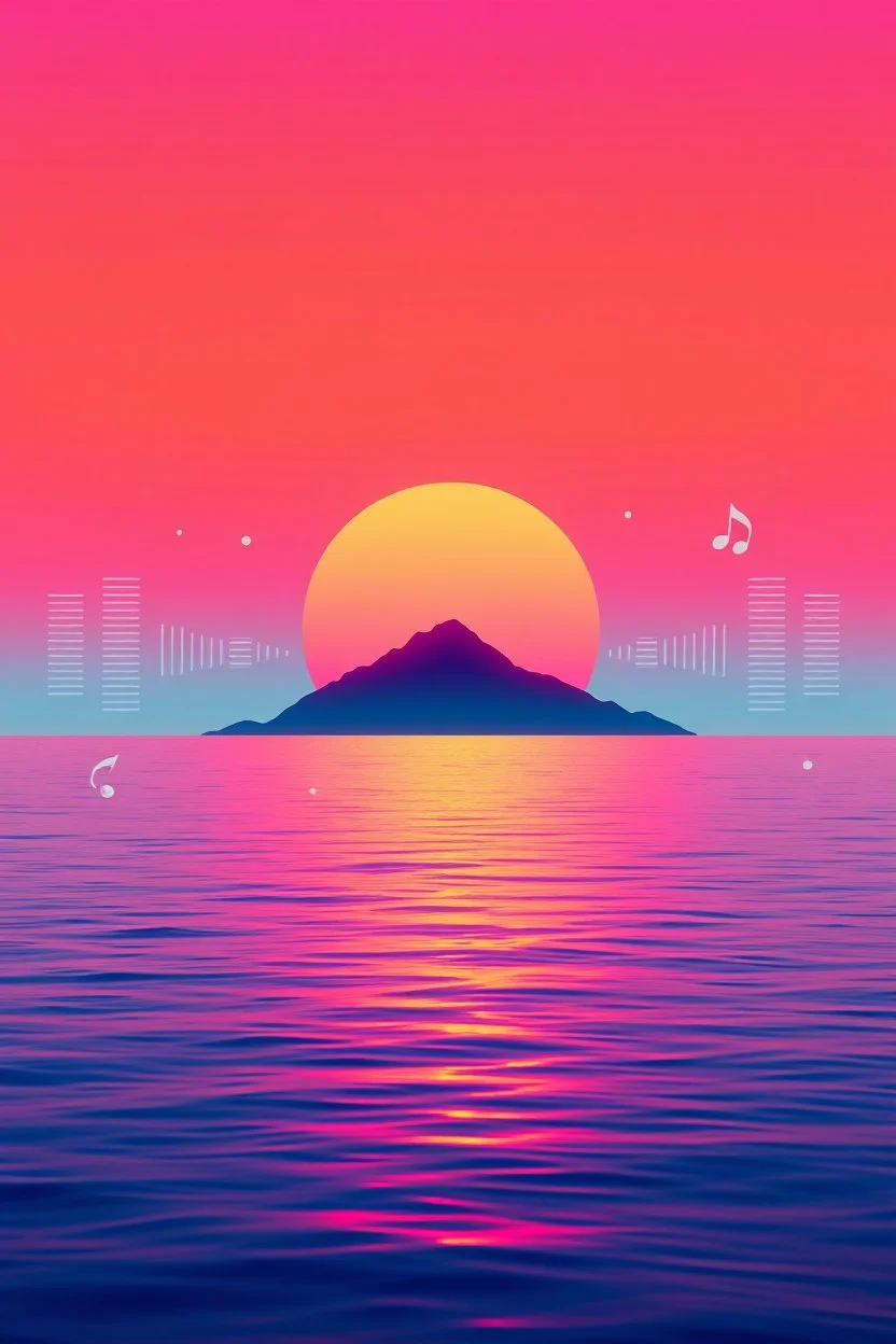 A professional music cover art for a Tropical House track, ultra-modern and visually striking. A dreamy tropical sunset scene with a neon gradient sky blending cyan, magenta, and warm golden tones. A minimalist island silhouette in the distance surrounded by calm reflective ocean water. Subtle geometric soundwave patterns subtly integrated into the sky and water surface, representing rhythm and music. Floating abstract shapes inspired by synth waveforms and audio modulation, softly glowing. A st