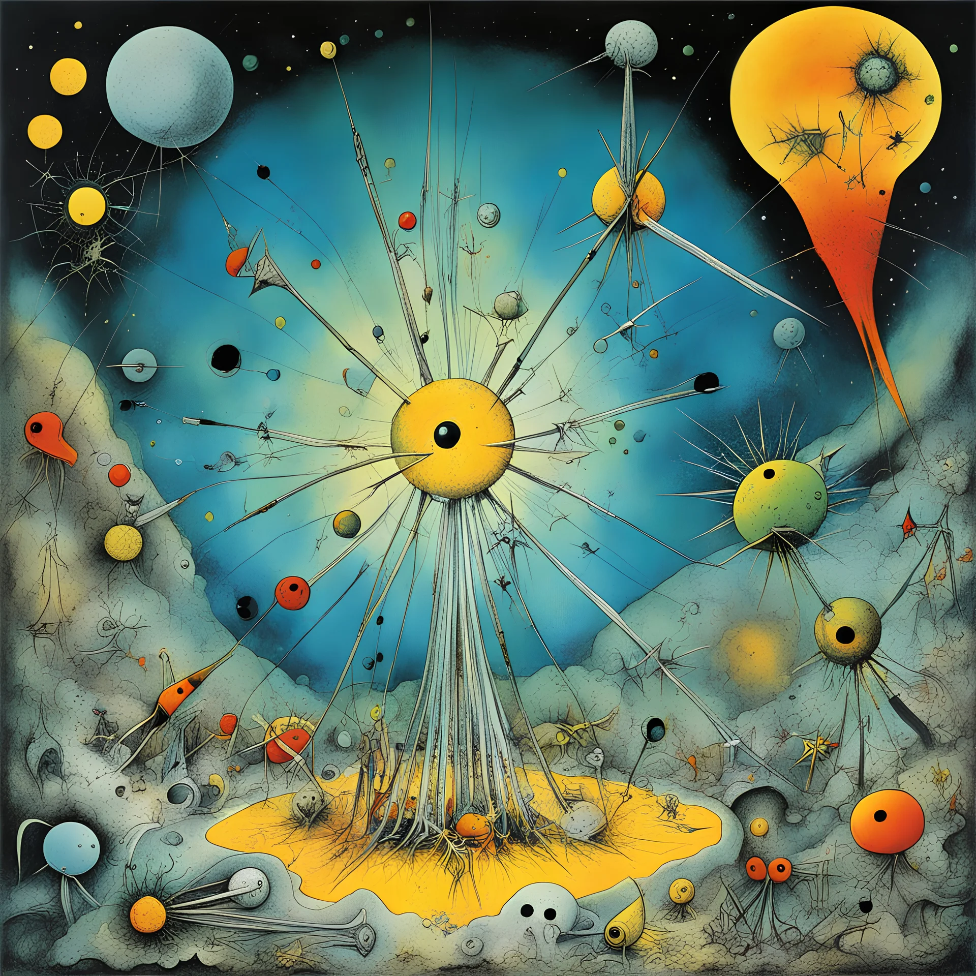 The great and Secret Show, by Roberto Matta and Joan Miro and Desmond Morris, Quiddity dimension in Trinity nuclear test, abstract surreal color ink illustration, horror dreamscape, album art, dramatic, color splash,