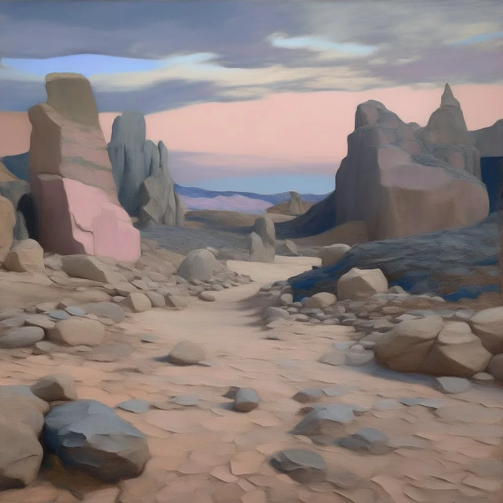 A grayish pink magical wasteland with rune rocks painted by Vincent van Gogh