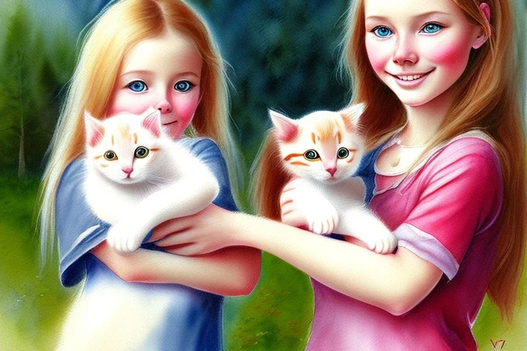 A cute smiling Norwegian girl is holding a kitten. Watercolour