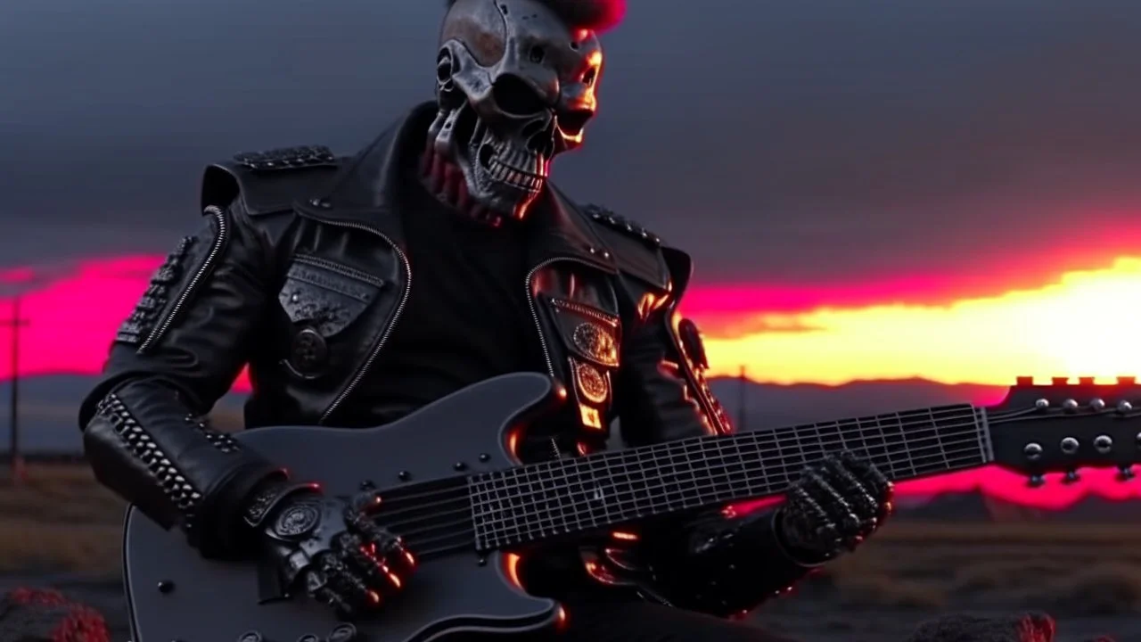 4k full detail, terminator playing guitar on a battlefield