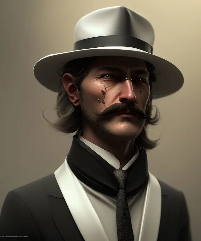 Docotor, black mustache, white toxido, black tie, black hat, head and shoulders portrait, 8k resolution concept art portrait by Greg Rutkowski, Unreal Engine 5 volumetric lighting