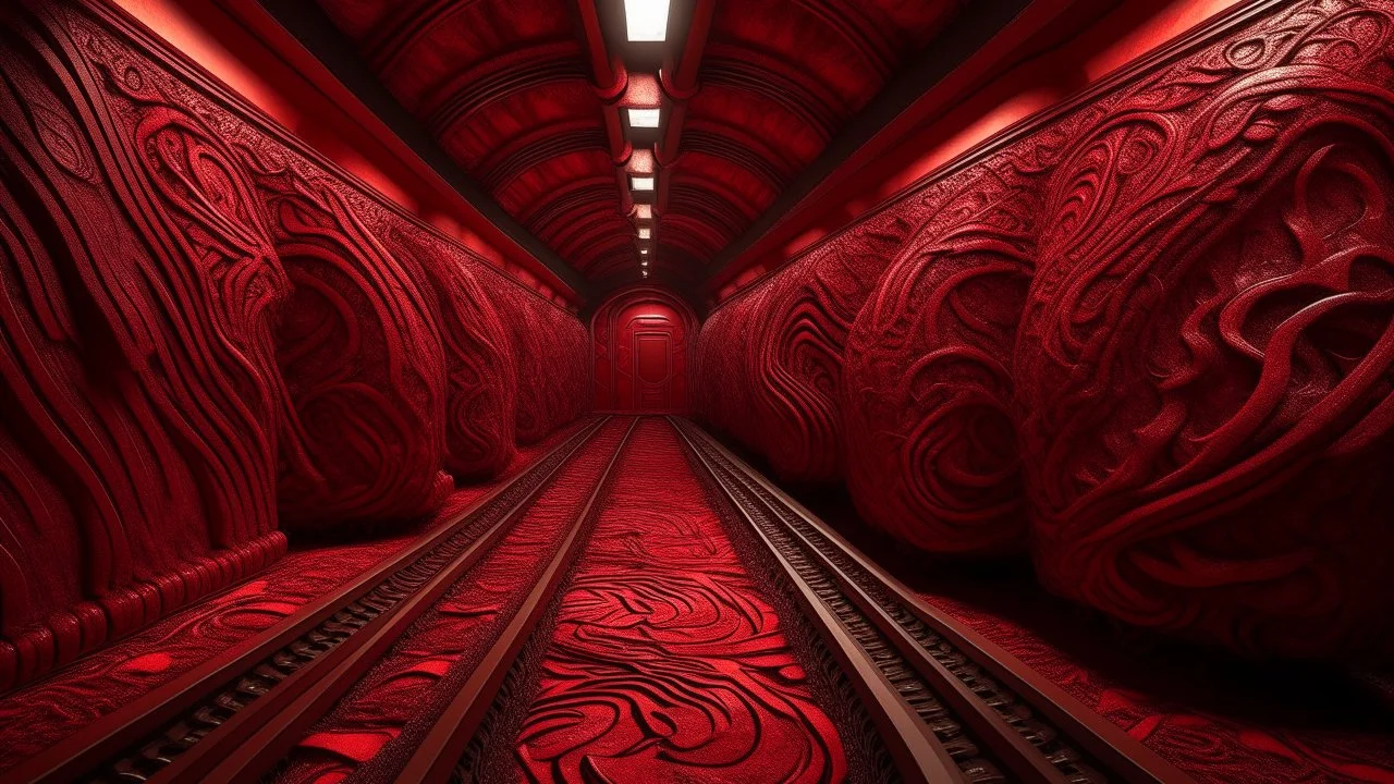 A dark red underground railway with lava designed in Mehndi design