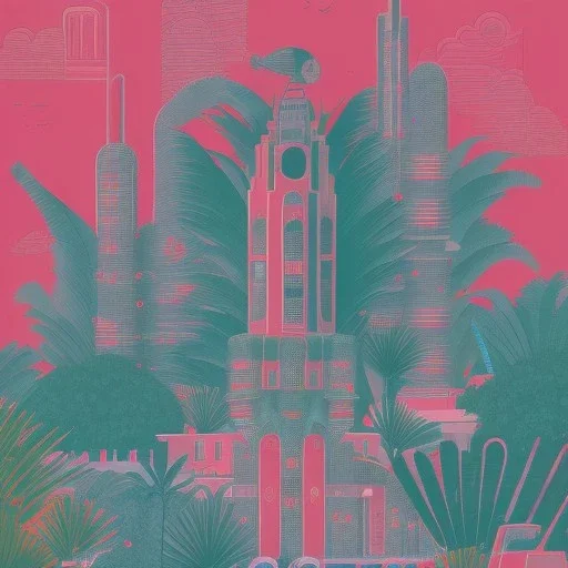 city, tropical, latino, plants, streets, flat design, 2 colors, risograph