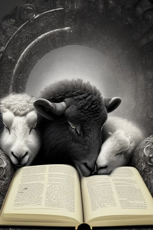 one black sheep reads a book on other site white sheep herd sleep