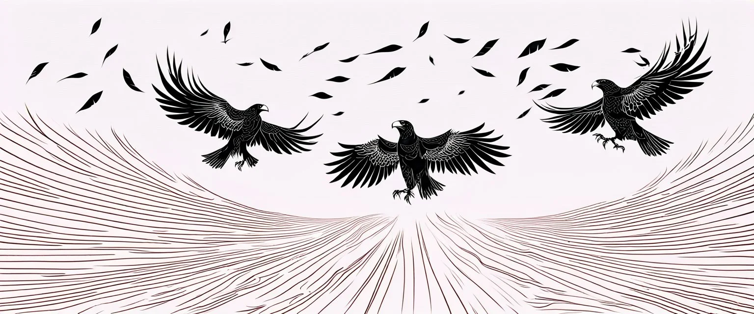 2 birds being chased through the air by an eagle, they each trail a graphic line behind them, and lost feathers, vector