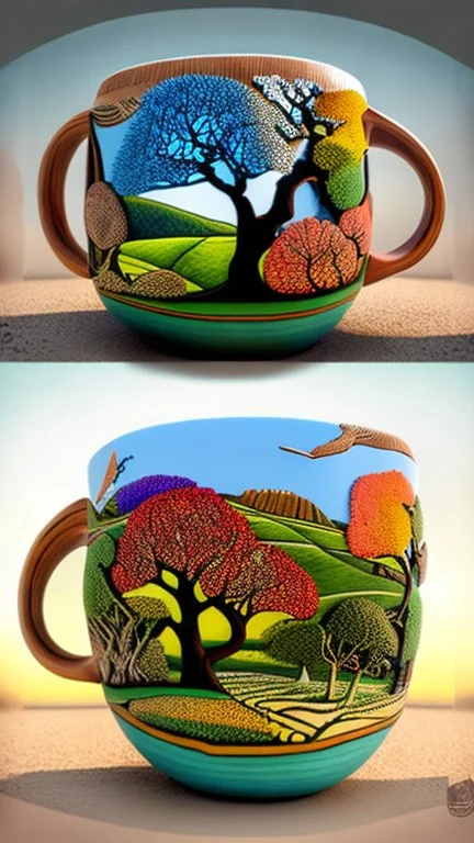 "A unique coffee cup with a stunning rendering of Sycamore Gap, showcasing its intricate details and vibrant colors."