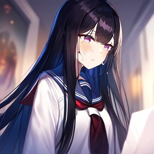 Clear focus,High resolution, Black long straight hair, Long bangs, and purple eyes, Looking down on you, wearing a sailor uniform that is black and red, sighing, Detailed hair, Crying, Frowning