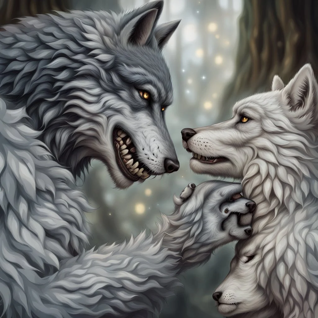 the anthropomorphic gray hairy body wolfman name Teo, holds between his paws the anthropomorphic pale hairy body wolfwoman's face , they look at each other lovingly, blur background, high detalied, realistic, sci-fi and fantasy mood