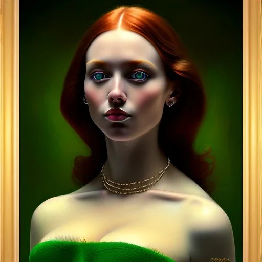 oil Portrait of a redhead beautiful busty voluptous adult woman with emeralds necklace with big green sad eyes looking to viewer by GRANT WOOD Ingres 8k