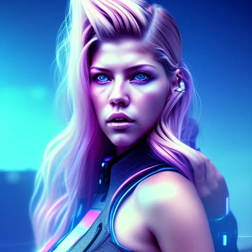 Katheryn Winnick, hyper realistic, cyberpunk style, shaved hair, gradient color, BLUE, PINK, CYAN, neon, insanely detailed, 16k resolution, perfect eyes, cinematic smooth, intricate detail