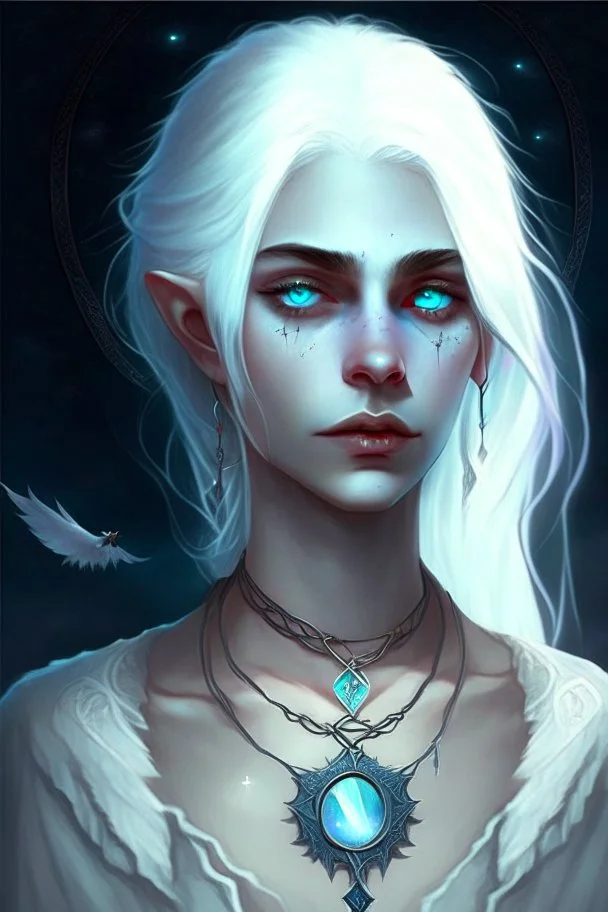 hauntingly beautiful character for dnd, young woman with white hair and blue eyes, angel, with moon necklace, vampire