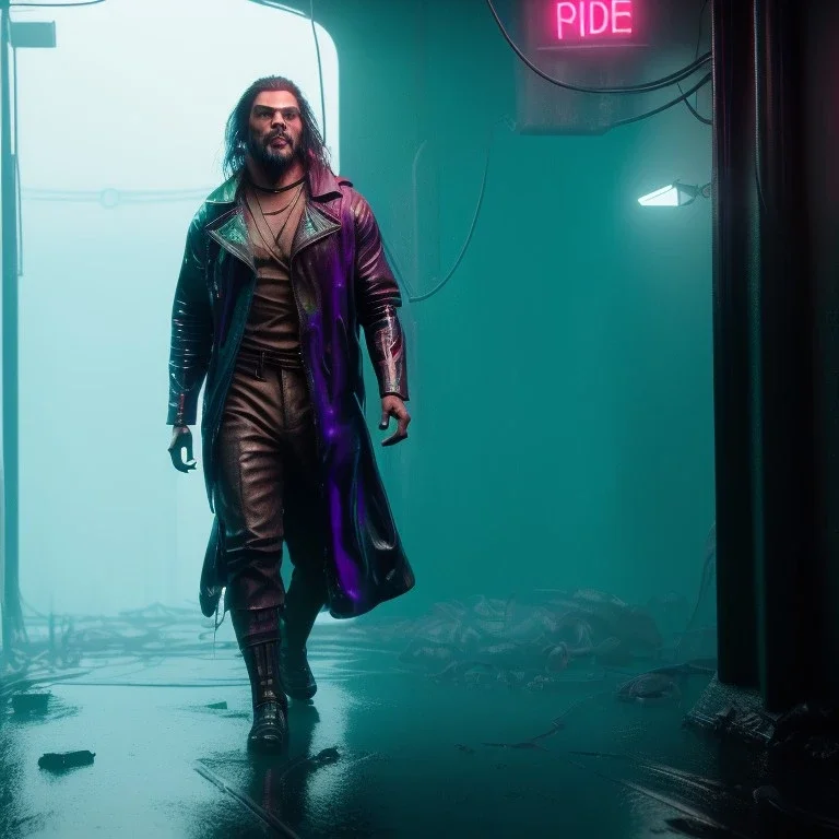 Actor, jason momoa, blade runner style, rain, fog, neon ambient, gradient color, clean skin, circuits, latex coat, cyber punk, neon, tubes, portrait, photo studio, unreal engine 5, smooth color, 16 bit, god lights, ray tracing, RTX, lumen lighting, ultra deatail, volumetric lighting, 3d, finely drawn, hd.