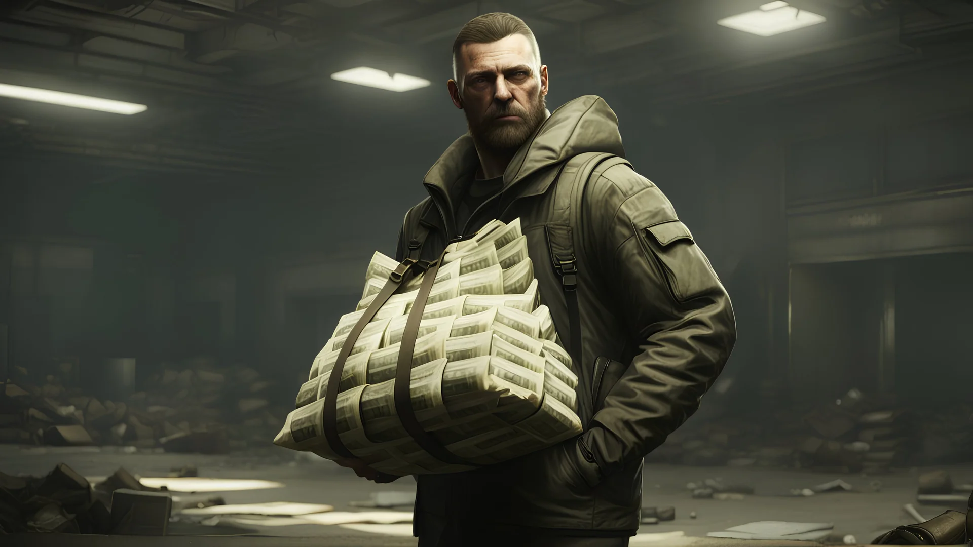 Escape from Tarkov a man holding a huge duffle bag of money