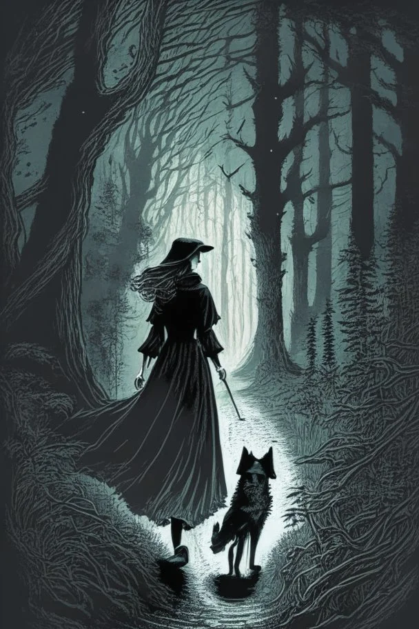 in the style of a Henry Justice Ford drawing, a beautiful witch walks through a dark forest, a dog is coming towards her