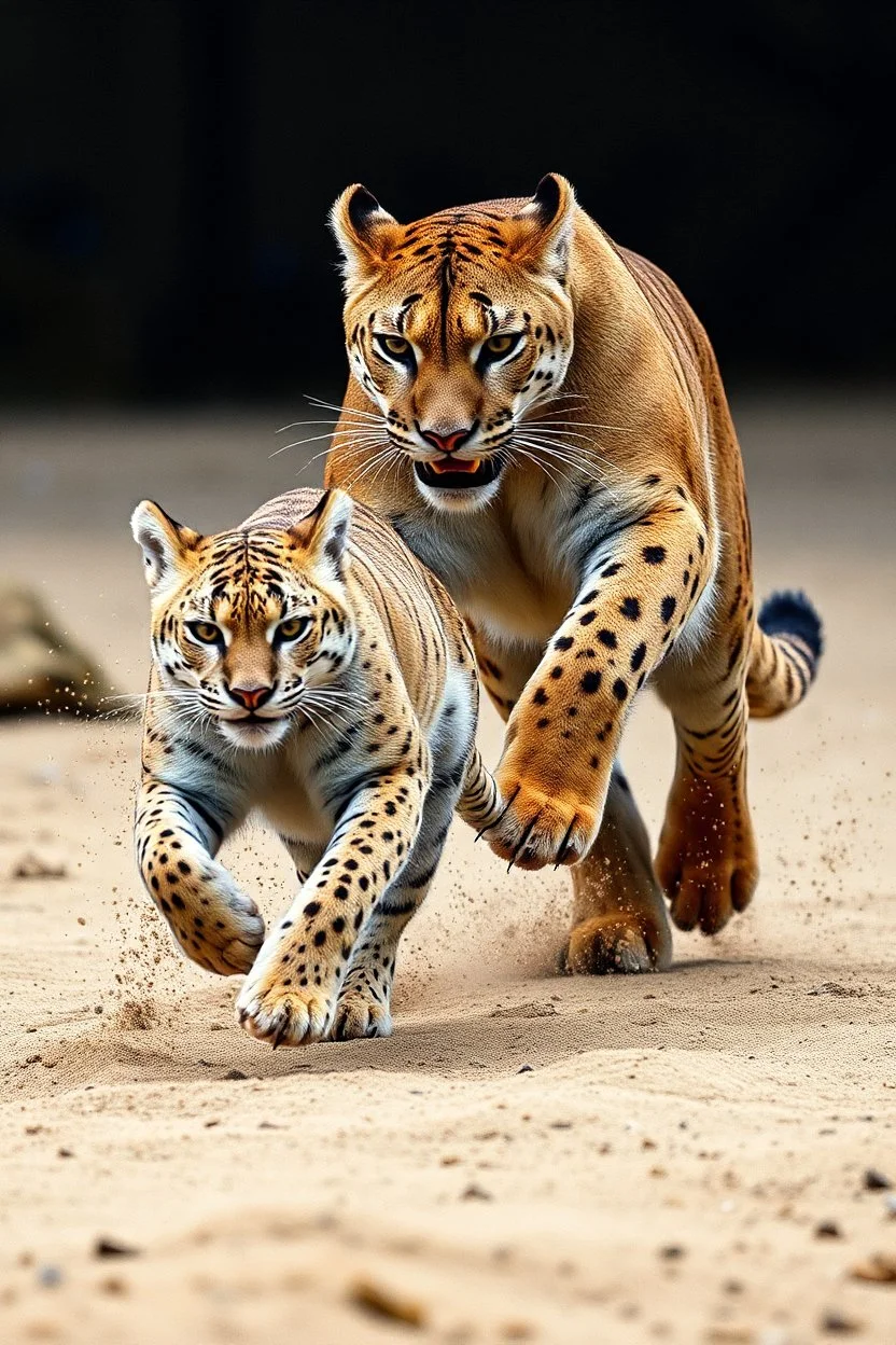 A large kentucky mountain lion chasing a male white tail, dynamic action, jumping, splashes of sand, nature photography, raking light, blue lights in the background --ar 16:9 --style raw --v 6.0