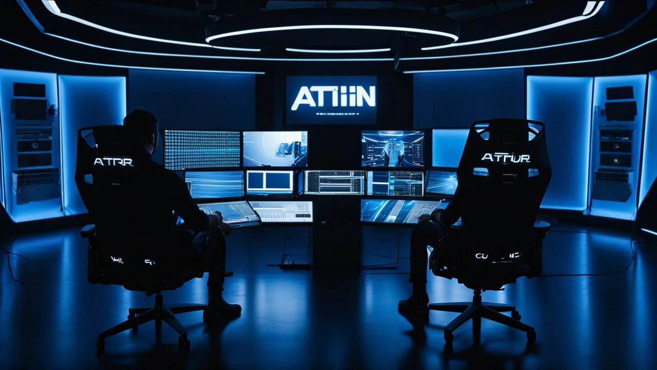 a human silhouette sits in a black film producer's chair in a futuristic studio, the inscription capture white sharp word text on the back of the chair "Atti", around and front many big hd monitors with prompts cods, blue lines, blue neon light, windows, Professional photography, canon lens, shot on dslr 64 megapixels, sharp, cinematic