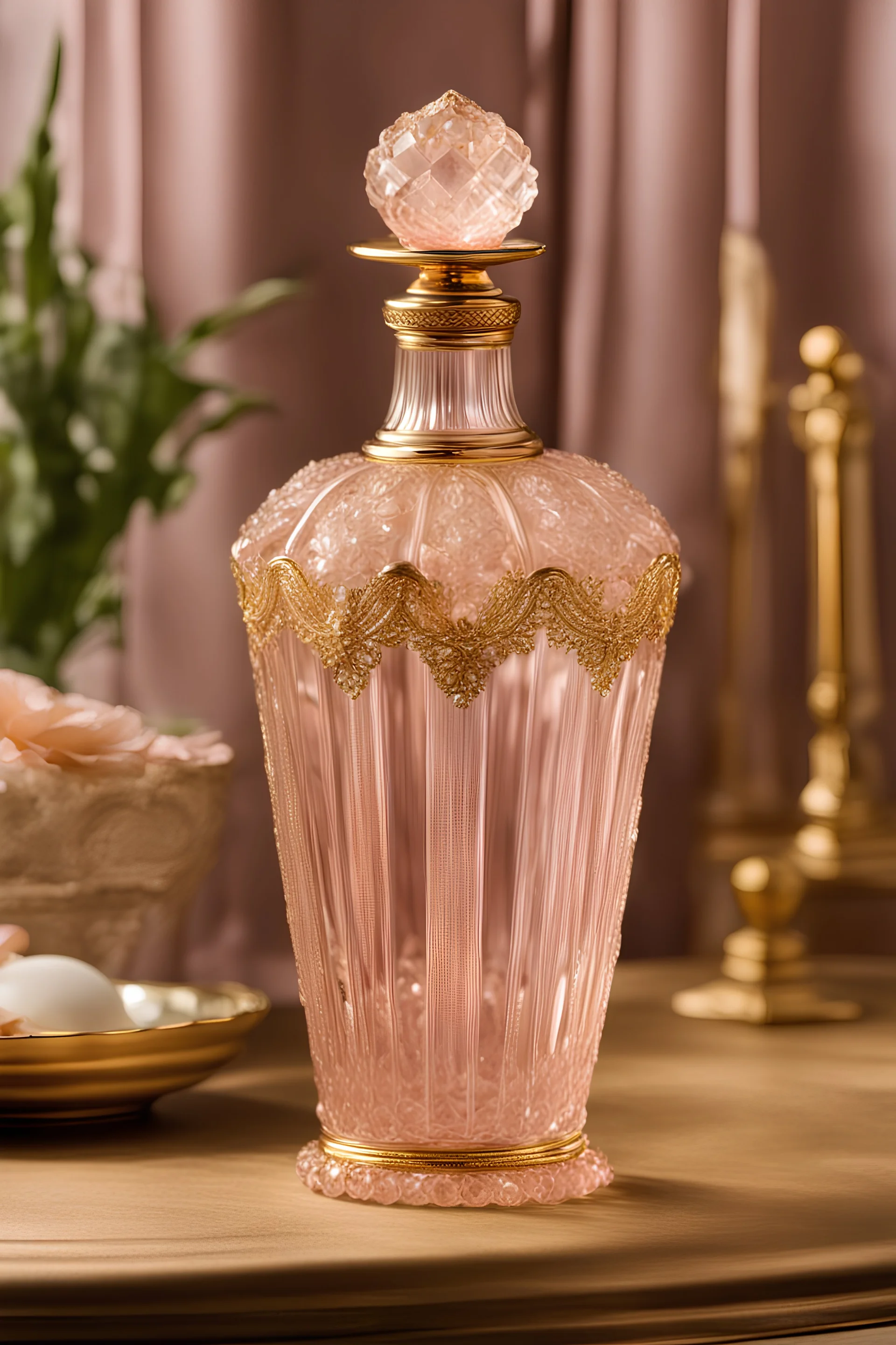 an exquisite tall fluted crystal potion bottle, pink tint with fine gold detailed, crystal topper