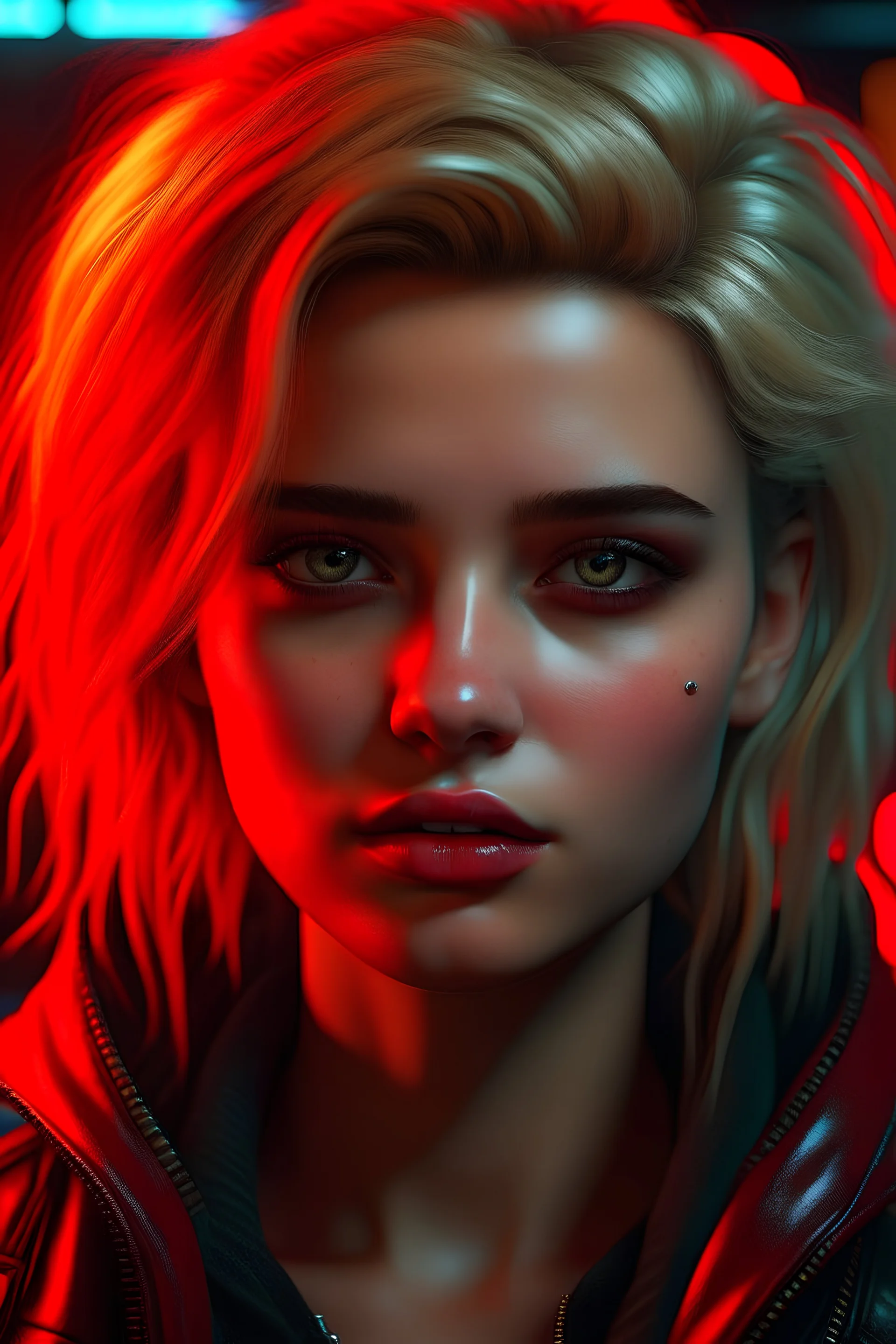 cyberpunk, italian blonde hair with red highlights, alluring eyes, ultra photorealistic, cinematic 4k image