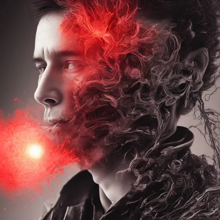 portrait of man with an exploding flower inside his face, high detailed black and white with red accents, digital painting.