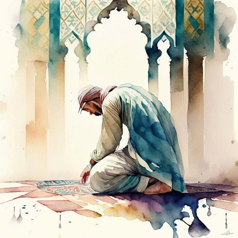 A man prostrating in islamic prayer, wearing shalwar qameez, background of islamic pattern, watercolour painting