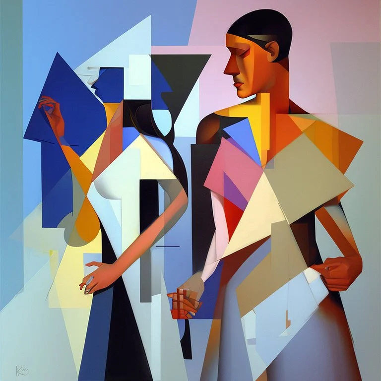 a painting of a man and a woman, a cubist painting by Keith Mallett, cg society, figurative art, cubism, fauvism, art