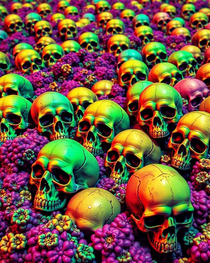 a field of skulls, multi colored, bright, vivid, psychedelic, high detailed, matte, bunches and bubbled up clumps, horrorcore, vines, unsettling contrast