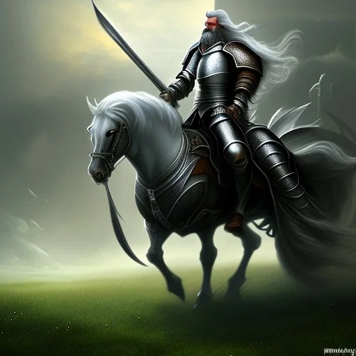 great old knight with flowing white hair and beard riding black horse toward castle