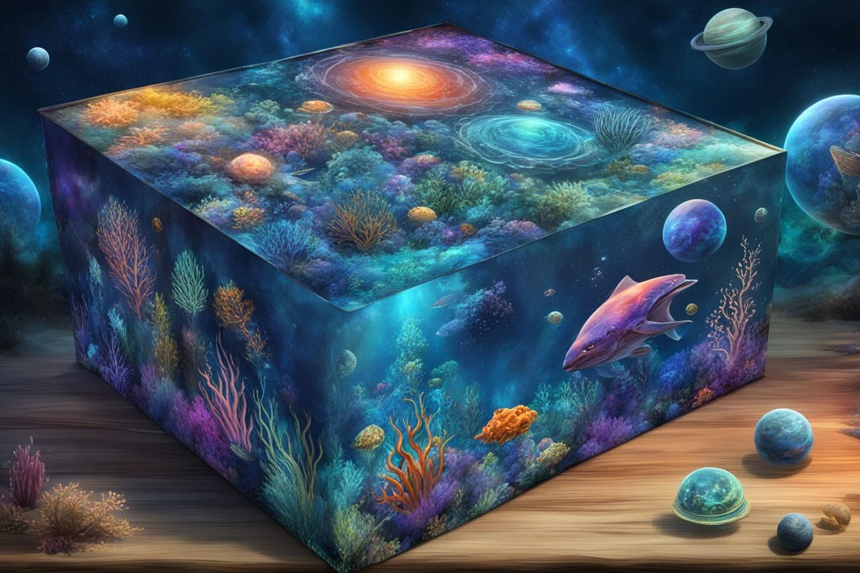 hyperrealistic, 4k, box for storing things with beautiful drawings a lot of colours, very detailed, subnautica, sea plants, planets space, galaxies,