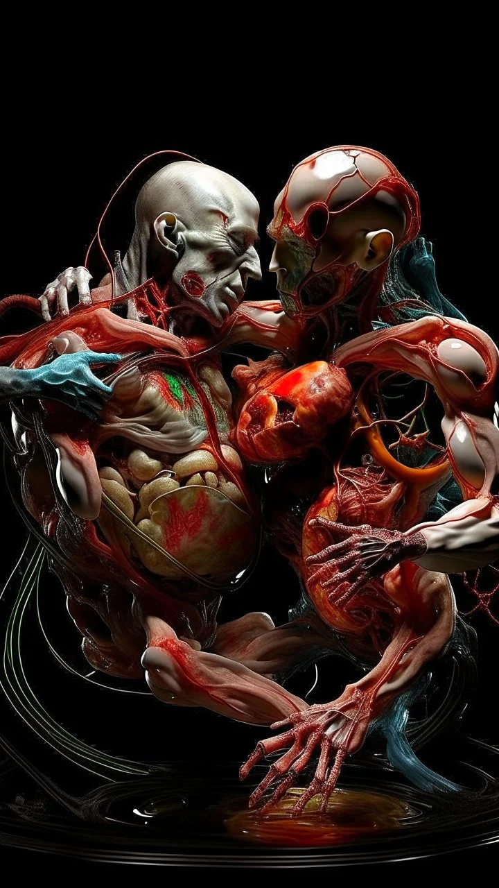 cinematic gore photorealistic fleshy quantum vortex dmt lsd photo of 2 conjoined mangled bodies making love, 1 soul vortex, complementary, anatomically fragmented, ripped apart again being flayed, skinned alive. A beating heart, muscles, blood vessels, bowels, entrails are exposed. anatomy. physiology. Bosch and Dali inspired hallucinations. mythology. grotesque.