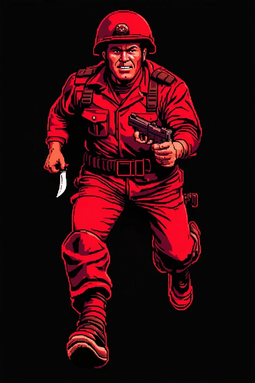 american soldier(uniform and face based on racist steriotypes) running towards viewer, a knife i one hand, and a gun(barrel pointing at viewer) in the other. blocky retro 1960's jack kirby style poster in monochrome with white background
