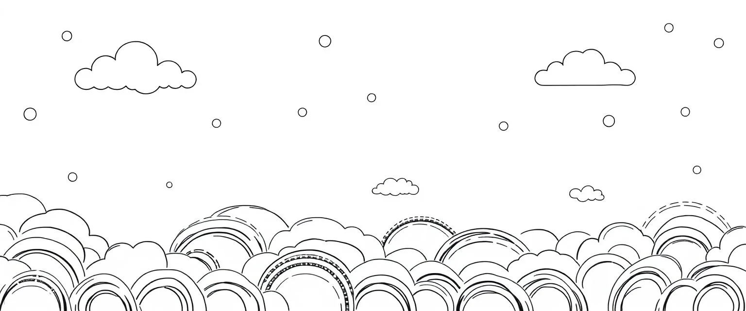 a series spaced curved and looping horizontal lines with paths inspired by clouds bubbles and flowers, cloud topography, whimsical cute, kawaii, black lines on white, vector lines