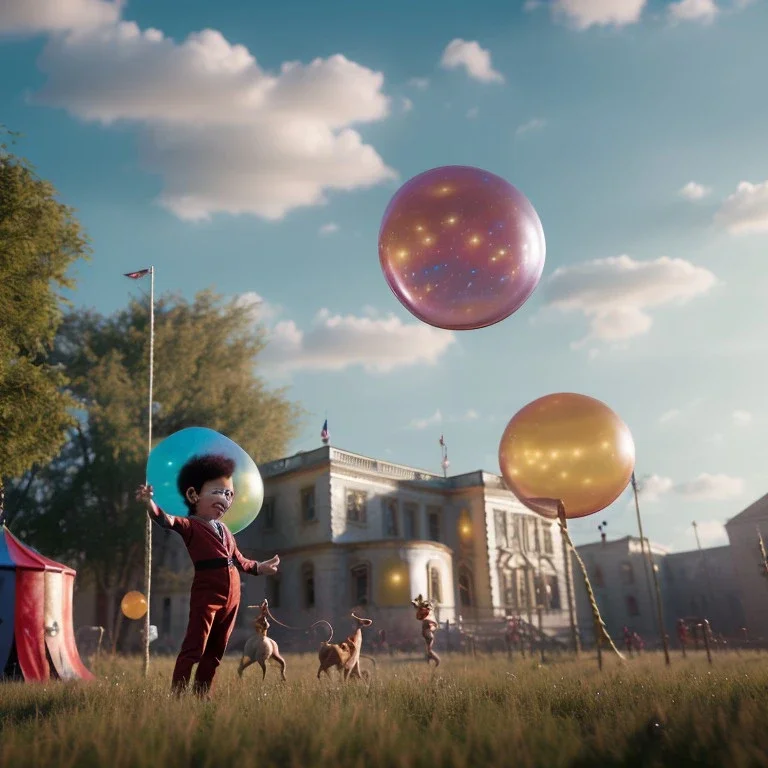 Ultra realistic circus scene. Sweet big hair monster flying. Child’s playing, one strong man, smile, happy, color bubbles, smooth color, waist up view, Wes Anderson style, dark ambient, highly detailed, concept art, unreal engine 5, god rays, ray tracing, RTX, lumen lighting, ultra detail, volumetric lighting, 3d, finely drawn, high definition, high resolution.