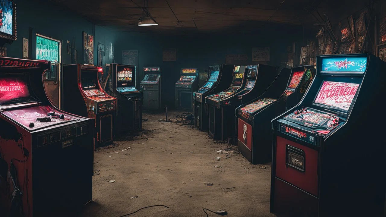 desolate dark arcade, many arcade cabinets, horror, no humans