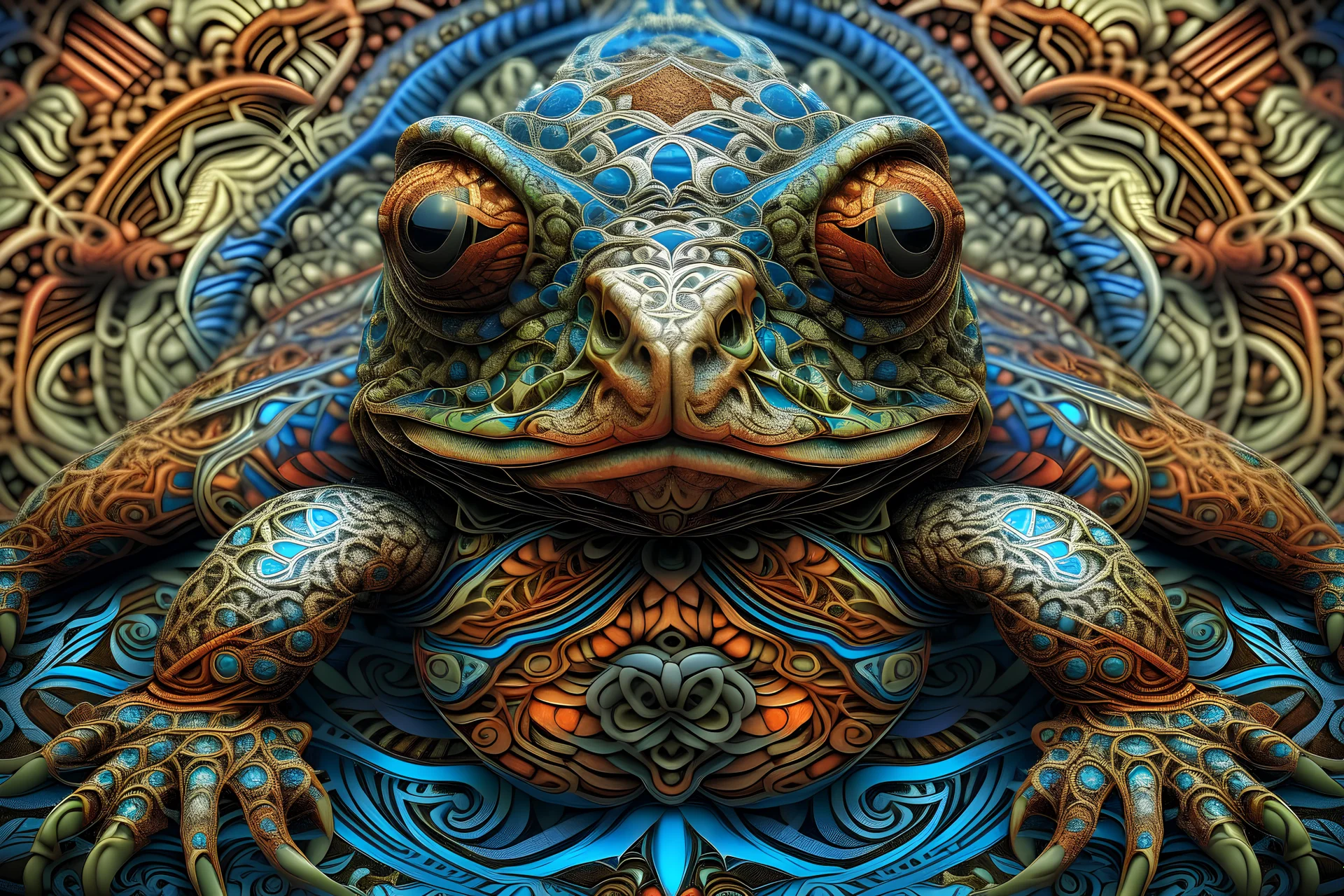 Embark on a visual odyssey accompanied by the serene wisdom of a timeless turtle. Picture a world where fractals unfold endlessly, guided by the mystical presence of the DMT toad. Immerse yourself in the cosmic dance of patterns and colors that transcend the ordinary, as the turtle leads you through dimensions of consciousness. Let the surreal blend of fractal geometry, the enigmatic toad, and the steadfast turtle create a mesmerizing tableau, inviting you to explore the infinite horizons of per