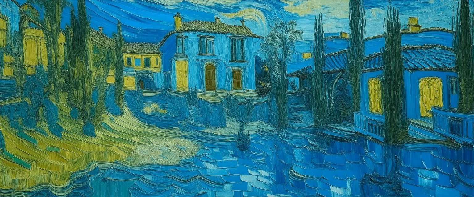 A blue resort on a splashing island painted by Vincent van Gogh