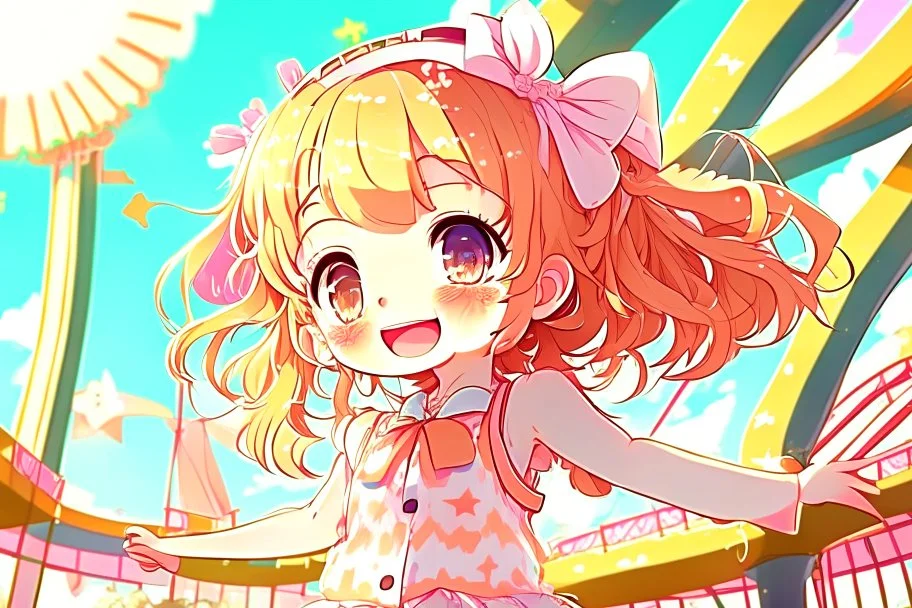 contented cute chibi girl in the amusement park in sunshine