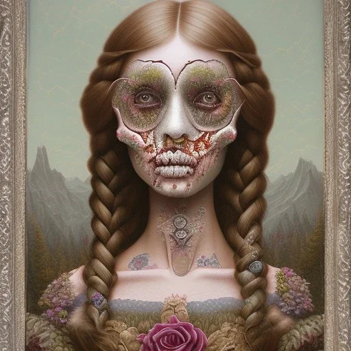singer Danish MØ face, style surrealism by <Mark Ryden>, blood, guts,