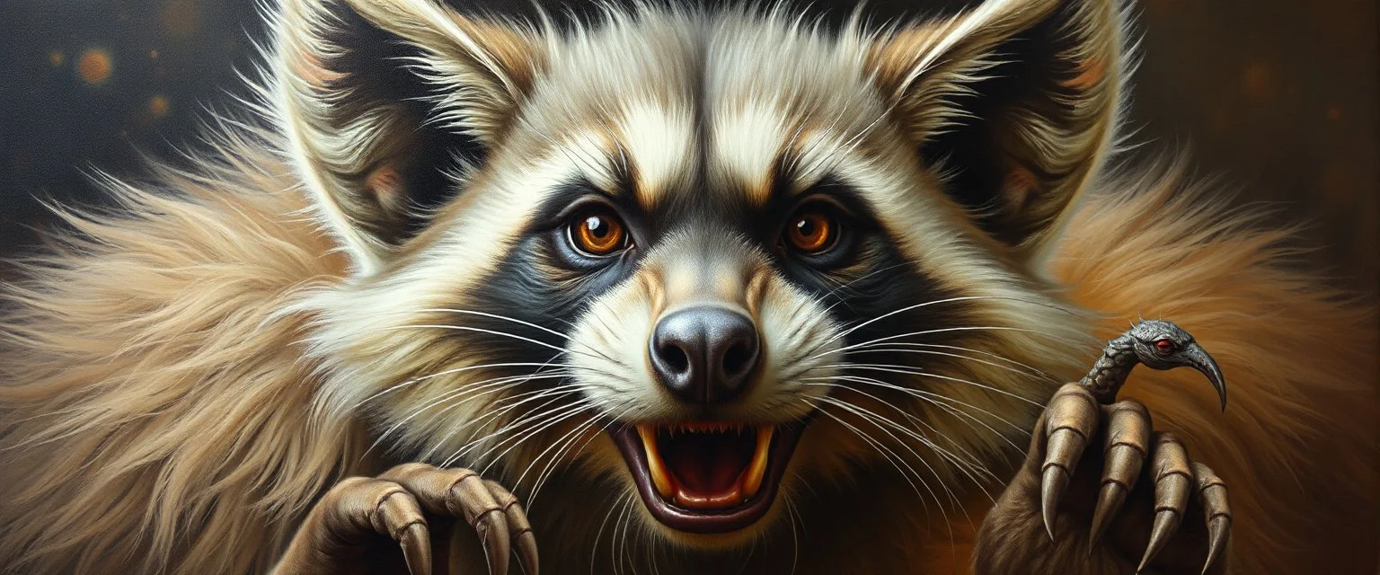 master oil painting with some air brush, fluffy hyena cat racoon gremlin realistic and creepy, straight from the lich lab, in the style of Escher and Titian