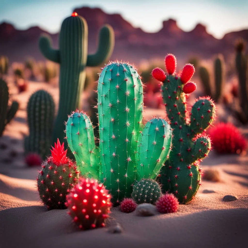 Green crystal glass cactus with glowing red cactus fruit in the desert, oasis in background, sharp focus, high contrast, dark tone, bright vibrant colors, cinematic masterpiece, shallow depth of field, bokeh, sparks, glitter, 16k resolution, photorealistic, intricate details, dramatic natural lighting