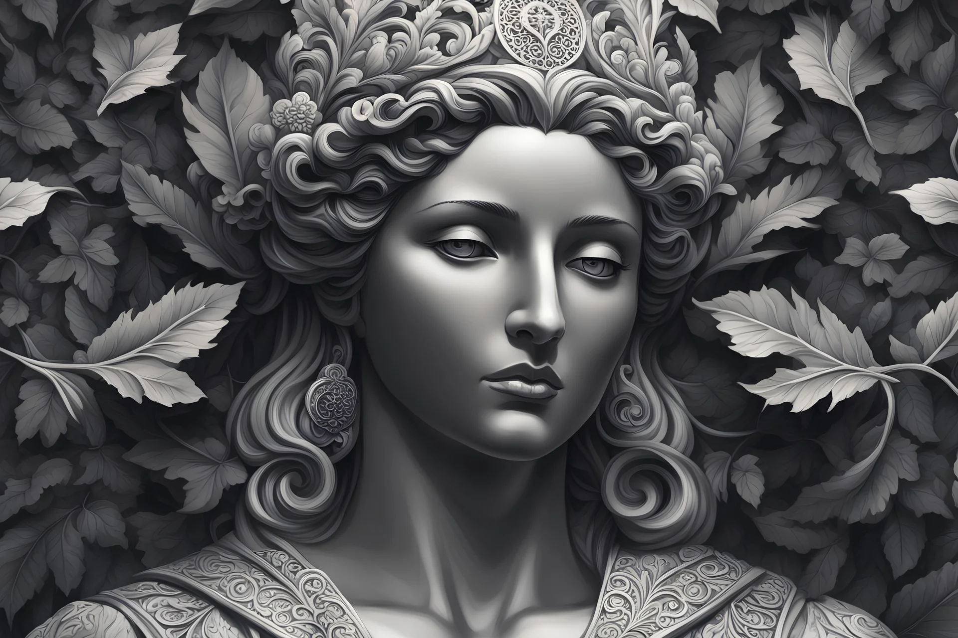 Storm, wind, leaves, cloudy, gloomy, Close up, Centered, BIG black eyes, a beautiful marble bust of an Orthodox statue, filigree patterns, delightful anatomy, (fantastic perfect art, 64k ultra hd:1.1), best drawing (by dan mumford:1.5), Close up, Centered. BIG black eyes. Storm, wind, leaves, cloudy, gloomy.