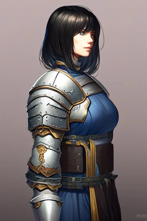 Motoko Kusanagi from "Ghost In The Shell (1995)", clad in medieval stell plate armour, alone, blue eyes, perfect, beautiful, black hair, realistic proportions, androgynous, melancholic