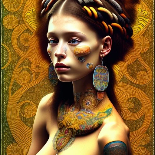 retrato de Mujer tribal bella con tatuajes con estilo de Gustav Klimt