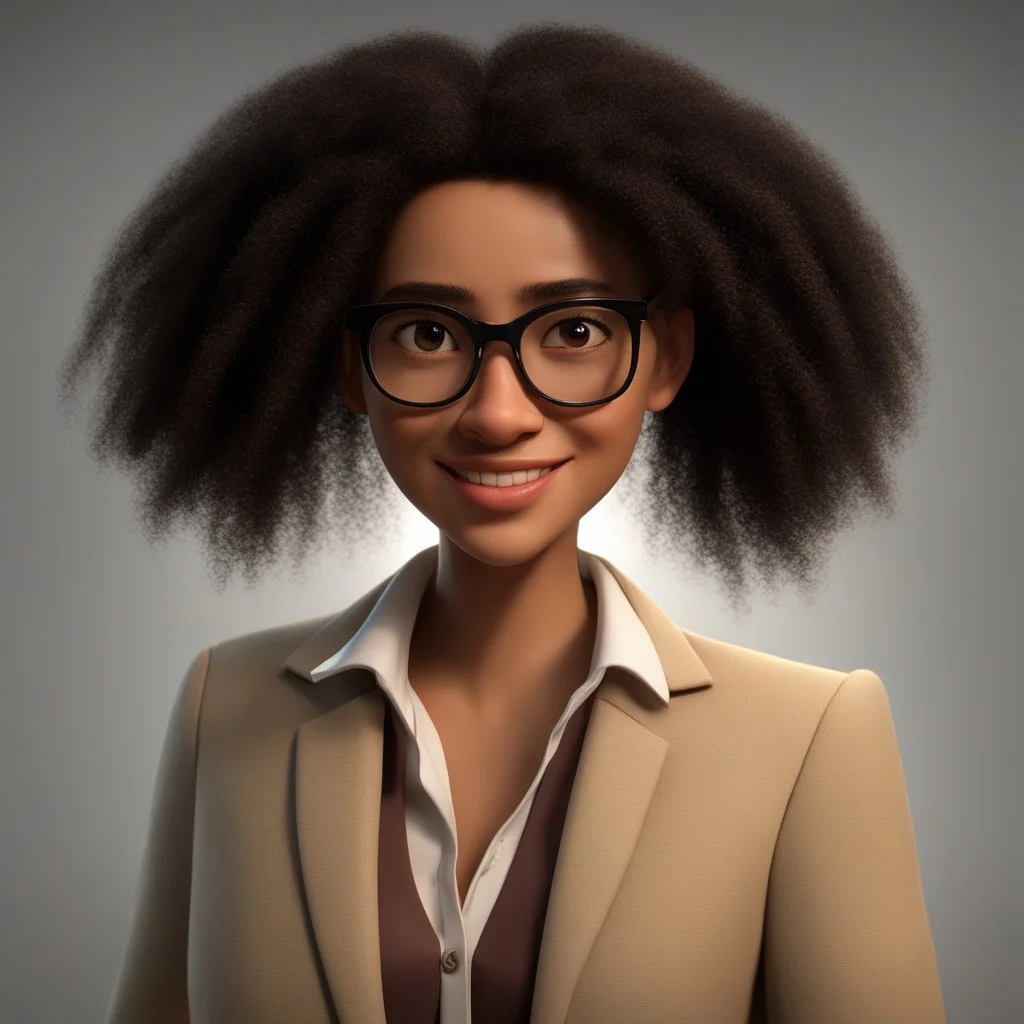 a portrait of smiling woman wearing beige blazer with white shirt inside. long black hair, a bit frizzy. light brown skin. black eye pupils. big nose. pear face shape. wearing glasses. thick eyebrow. pixar style. 3D. 4k. portrait. highly detailed. sharp focus. high resolution. full color. cinema lighting