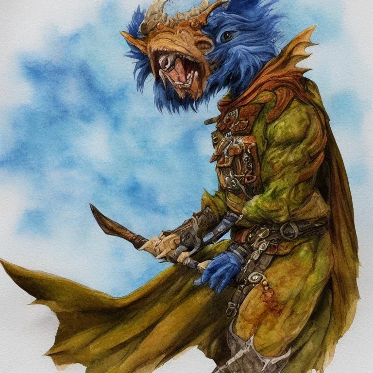 dungeons and dragons, fantasy, goblin, king, ochre skin, watercolour, blue nose, figure, pose